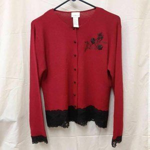 Vintage Koret Womens Cardigan Sweater Red Lace Nec